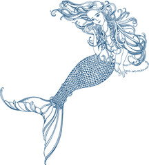 Vector illustration with a beautiful mermaid, with long flowing hair with a pearl necklace. Mermaid graphic icon.
