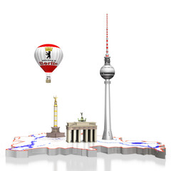 3d Karte Berlin mit Fernsehturm, Brandenburger Tor, Siegessäule und Aussichtsballon, freigestellt