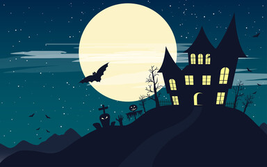 Halloween day castle grave and ghost scary and dark flying bats and moon.