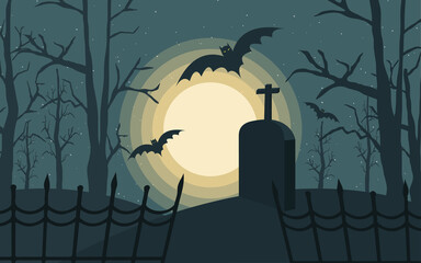 Halloween night background , Graves and bat and the full moon