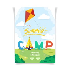 Summer camp colorful vertical vector advertisement poster template for print and web. Wigwam or teepee like tent and kite in the in the meadow with multi color text. Children outdoor summer activity

