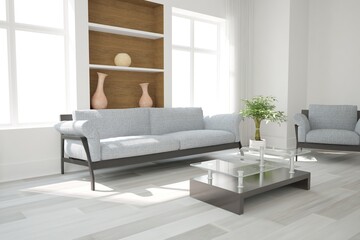 modern room with sofa, chair and plants interior design. 3D illustration