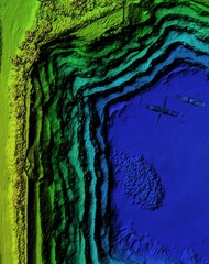 DEM - digital elevation model. Product made after proccesing pictures taken from a drone. It shows excavation site with steep rock walls 