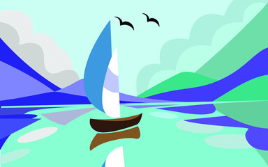Vector illustration of sea landscape in flat design. Sailing boat at sea, with reflection on the water. Against the backdrop of mountains, clouds and seagulls