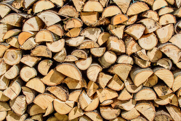Дрова из различных пород древесины уложены в поленницу
