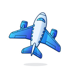 Flying air plane top view. Summer journey by air transport. Symbol of aviation and tourism. Vector illustration with outline in cartoon style. Clip art Isolated on white background