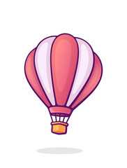 Naklejka premium Flying hot air balloon with pink and white stripes. Summer journey by air transport. Romantic travel on aerostat. Cartoon vector illustration with outline. Clip art Isolated on white background