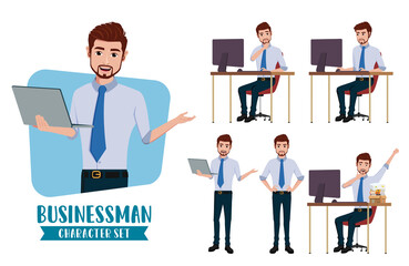 Businessman character vector set. Business man characters in standing and sitting presentor pose and gestures for office demo corporate sales presentation isolated in white background. 