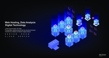 Big data analysis. Processing and calculation of large volumes of information. Computing flows, hosting, server room in isometric view