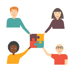Business concept. Team metaphor. people connecting puzzle elements. Vector illustration flat design style. Symbol of teamwork, cooperation, partnership.