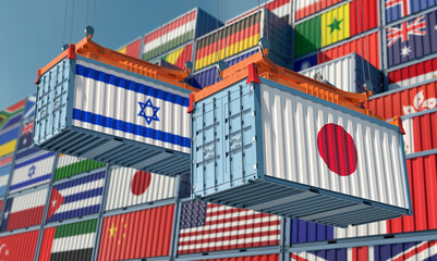 Shipping containers with Israel and Japan flag. 3D Rendering 