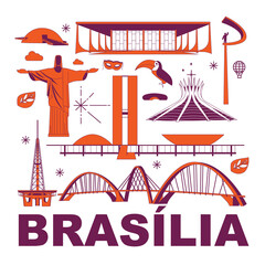 Brasilia culture travel set, famous architectures and specialties in flat design. Business Brazilian tourism concept clipart. Image for presentation, banner, website, advert, flyer, roadmap, icons