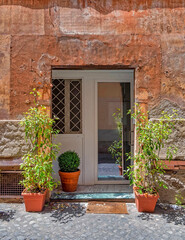 Fototapeta na wymiar vintage house exterior with white entrance door on ocher wall and flower pots, Rome Italy