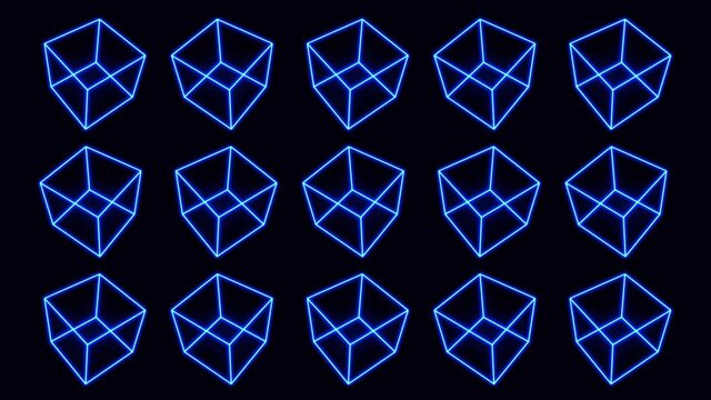 3d Geometry Box Mosaic With Glowing Strokes Spinning/ 4k animation of an abstract minimal background with outlined geometric shapes spinning