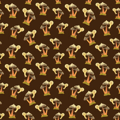 Mushroom seamless pattern with snails for paper, textiles. Seamless Pattern. Mushrooms Drawn with Colored Pencils. Design of Textiles, Scrapbooking, Paper, Packaging
