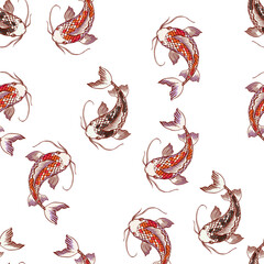 Realistic detailed hand drawn seamless pattern with golden and black koi carps isolated on white. Colorful graphic tattoo style image. Can be used as textile or paper print.