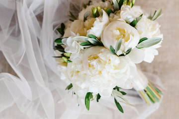 Bridal bouquet on the wedding day. Copy space for text. Floral decorations and backgrounds for holiday cards and invitations.