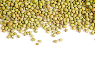 Hemp seeds on white background with copy space for text. Top view, macro, close up. Cannabis...