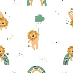 Seamless pattern with cute character lion and rainbow. Cute vector illustration for kids - lion. Ideal print for fabrics, textiles and gift wrapping Baby Shower