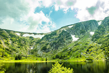 Fototapeta premium Mountain landscape with lake - Karkonosze Poland The Small Pond