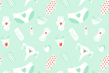 Menstruation theme. Various feminine hygiene products. Cups, menstrual disks, pads, eco pads, panties, tampons, soft tampons. Uterus and antispasmodics. Hand drawn vector seamless pattern.