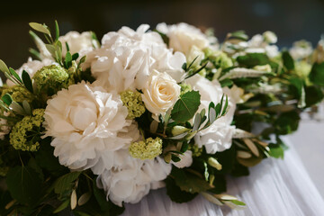 Wedding flower arrangement and decoration. Empty copyspace and space for text. Holiday accessories and backgrounds