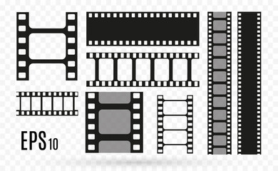 Set of film vector stripes isolated on transparent background.Film strip roll. Vector cinema background.