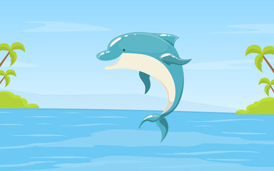 Naklejka premium Dolphin Jumping out of the Sea or Ocean Water on Beautiful Nature Summer Landscape Vector Illustration