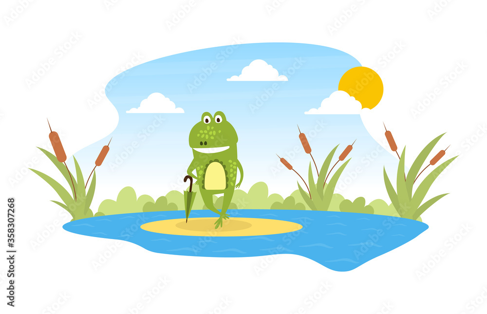 Poster Green Funny Frog Standing with Umbrella on Leaf in Pond, Cute Amphibian Creature Character Posing on Lily Pad Cartoon Vector Illustration