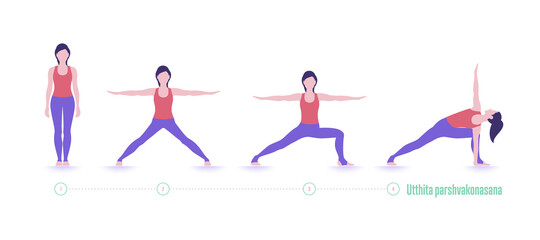 Yoga pose. Utthita parshvakonasana. Exercise step by step