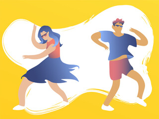 Young bright guys in sunglasses are dancing. The concept of fun parties together. Happy dancing people. Club female and male dancers. Exciting music party, disco dancing friends character illustration