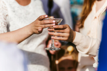 Cropped view of adult man or woman holding wine glass
