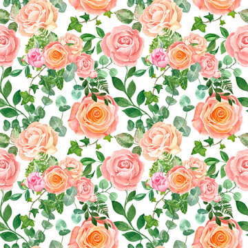 Watercolor floral seamless pattern with pastel pink peonies and roses .Summer botanical print with hand painted elegance garden flowers with green leaf on white background. Romantic vintage style wall