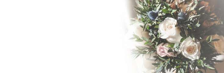 Wedding flower arrangements and decorations. Empty copyspace with white background and space for text. Holiday accessories and backgrounds