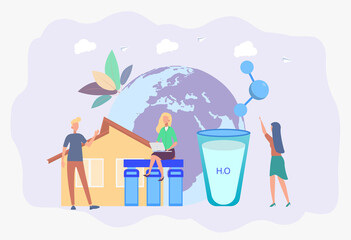 People drink purified water. Water filtration system, water purification at home, water delivery service concept. Colorful vector illustration
