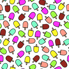 Colorful Ice Cream Eskimo Sweet Food Hand Drawn Doodle Cartoon Vector Illustration Outline Seamless Pattern Print Isolated Elements White Background