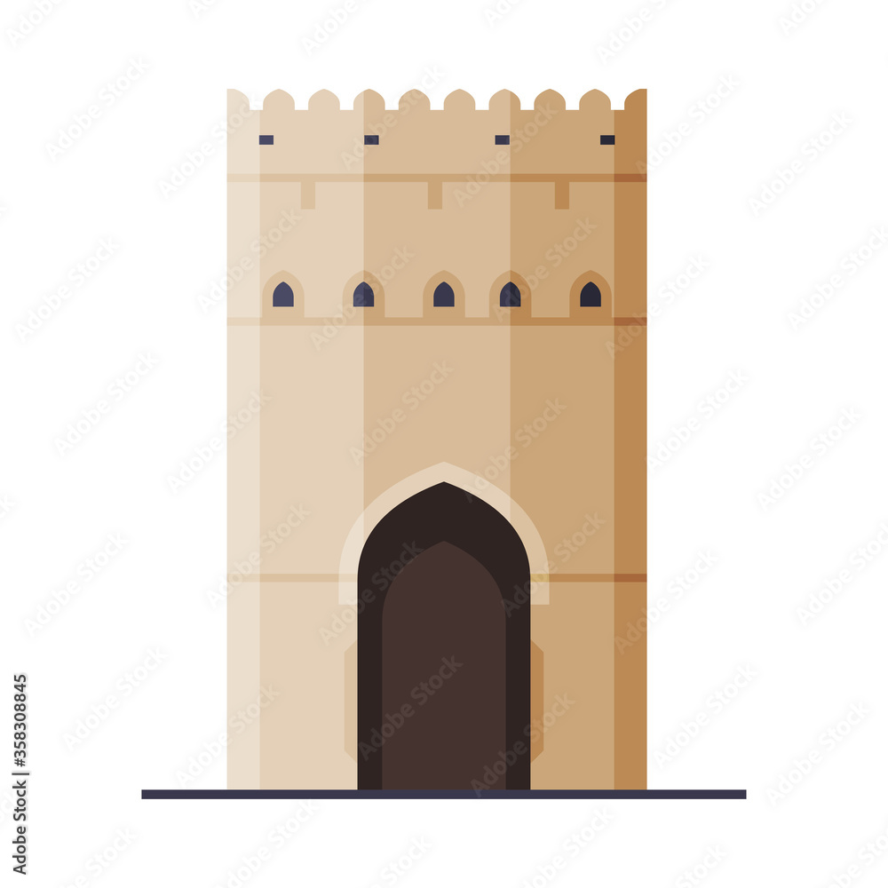 Sticker fort historical building, muscat city architecture, travel to oman famous landmark, flat vector illu