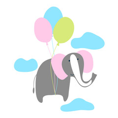 vector wild african animal cute ekephant baby. funny child cartoon character with air balloon. Modern simple illustration for paper clothes on white seamless pattern