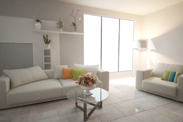 modern living room with sofa and plants interior design. 3D illustration