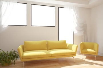 Fototapeta premium modern room with yellow sofa, chair and plants interior design. 3D illustration