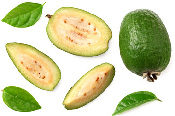 Tropical fruit feijoa with slices isolated on white background. Acca sellowiana. top view