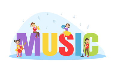Obraz na płótnie Canvas Music Big Word with Cute Children Playing Musical Instrumens Vector Illustration