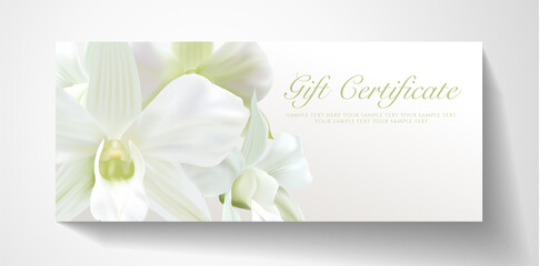 Gift certificate, Voucher with realistic white orchid flower bouquet. Blank background template useful for wedding design, 8 March invitation card or coupon, funeral thank you card