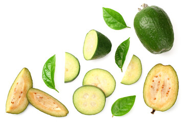 Tropical fruit feijoa with slices isolated on white background. Acca sellowiana. top view