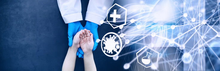Medical concept. The doctor in gloves holds the patient's hand. The moral help of the doctor to his...