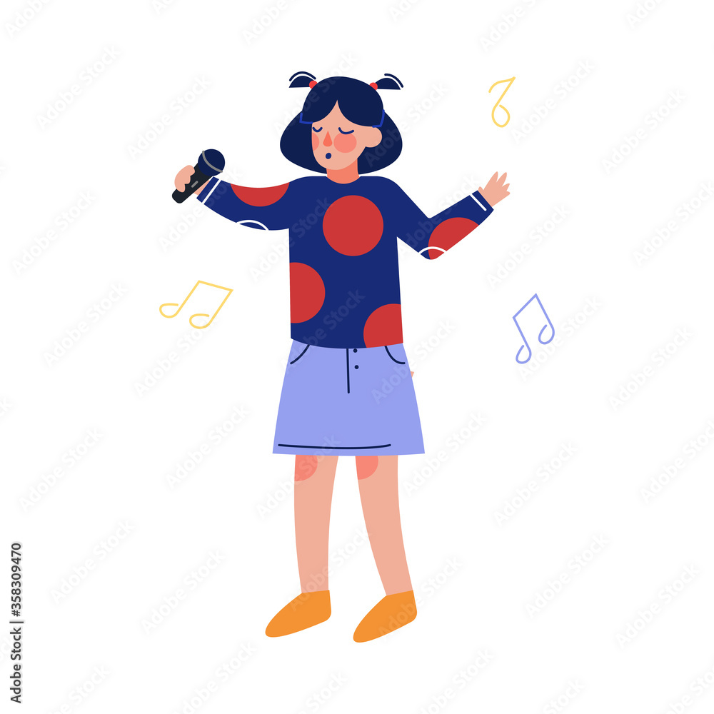 Sticker Teen Girl Singing with Microphone, Talented Child Character Performing in Concert, Singing Karaoke Vector Illustration on White Background