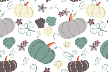 Cute pumpkins and leaves seamless vector pattern for fabric, textile, background, menu, wrapping paper or wallpaper. Vegetable autumn background.