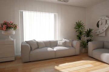 modern room with sofa and plants interior design. 3D illustration