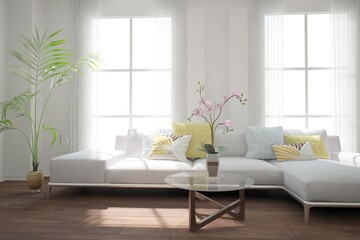 modern room with sofa,table and plants interior design. 3D illustration