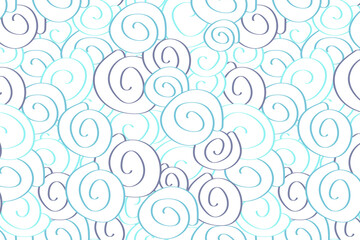 Blue mollusc shell seamless pattern on white isolated background. Hand drawn doodle vector illustration for fabric, textile, wallpaper, cover, backdrop